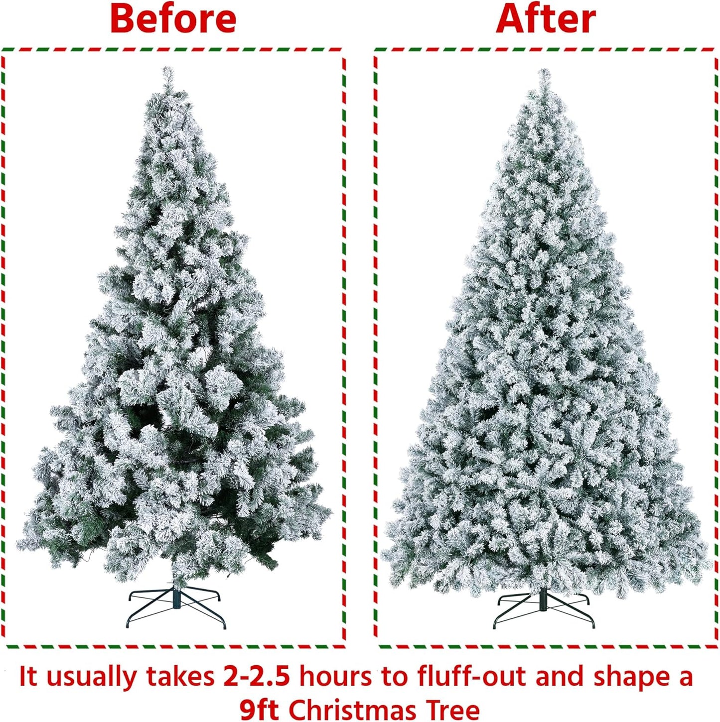 9Ft Pre-Lit Artificial Christmas Tree with Incandescent Warm White Lights, Snow Flocked Full Prelighted Xmas Tree W/2084 Branch Tips, 900 Incandescent Lights & Foldable Stand, Green & White