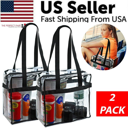 2X Clear PVC Tote Bag Women Large Transparent Handbag Zip Purse Stadium Security