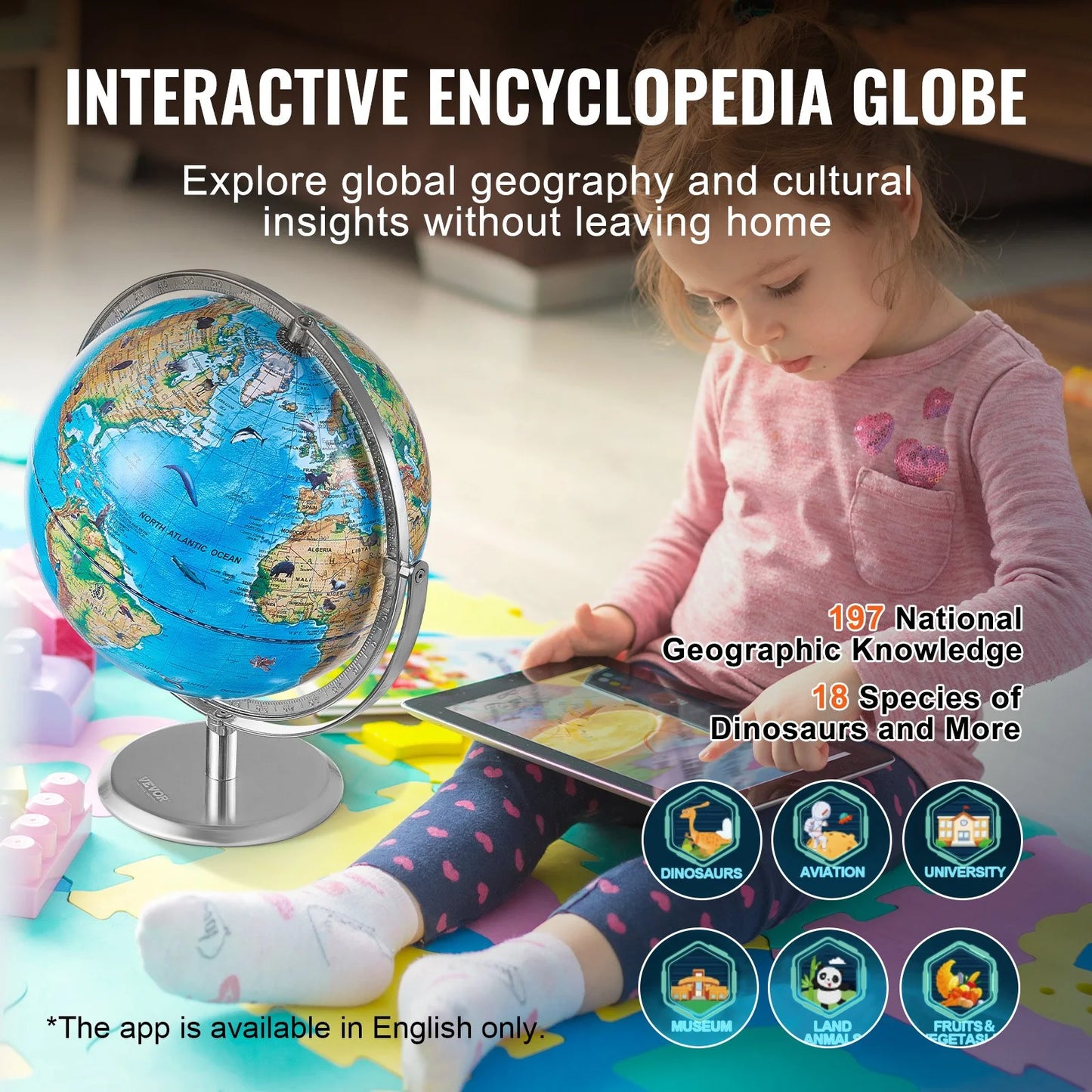 VEVOR Educational Globe for Kids, 10 In/254 Mm, Interactive AR World Globe with AR Golden Globe APP LED Night Lighting 720¡Ã Rotation, STEM Toy Gifts for Kids Compatible with Android or Ios Devices