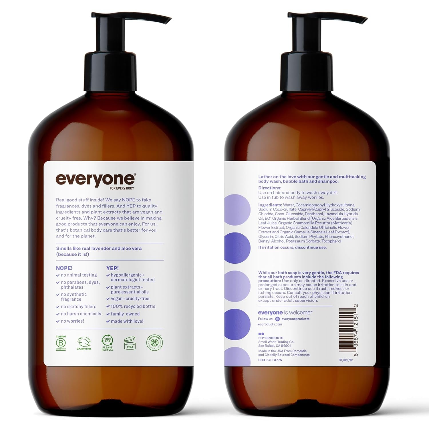 3-In-1 Soap, Body Wash, Bubble Bath, Shampoo, 32 Ounce (Pack of 2), Lavender and Aloe, Coconut Cleanser with Organic Plant Extracts and Pure Essential Oils (Packaging May Vary)